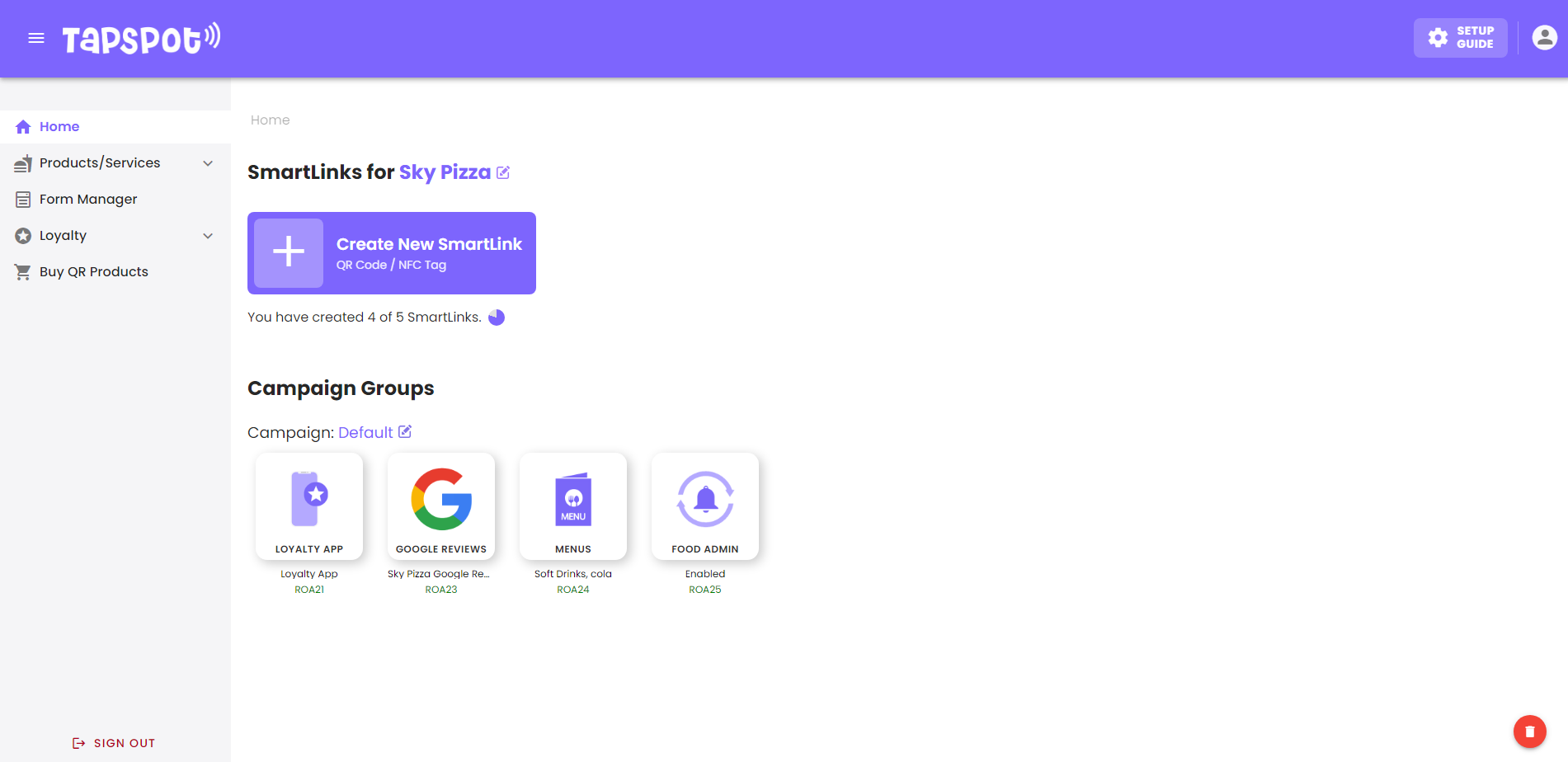TapSpot staff dashboard showing SmartLinks and campaign groups